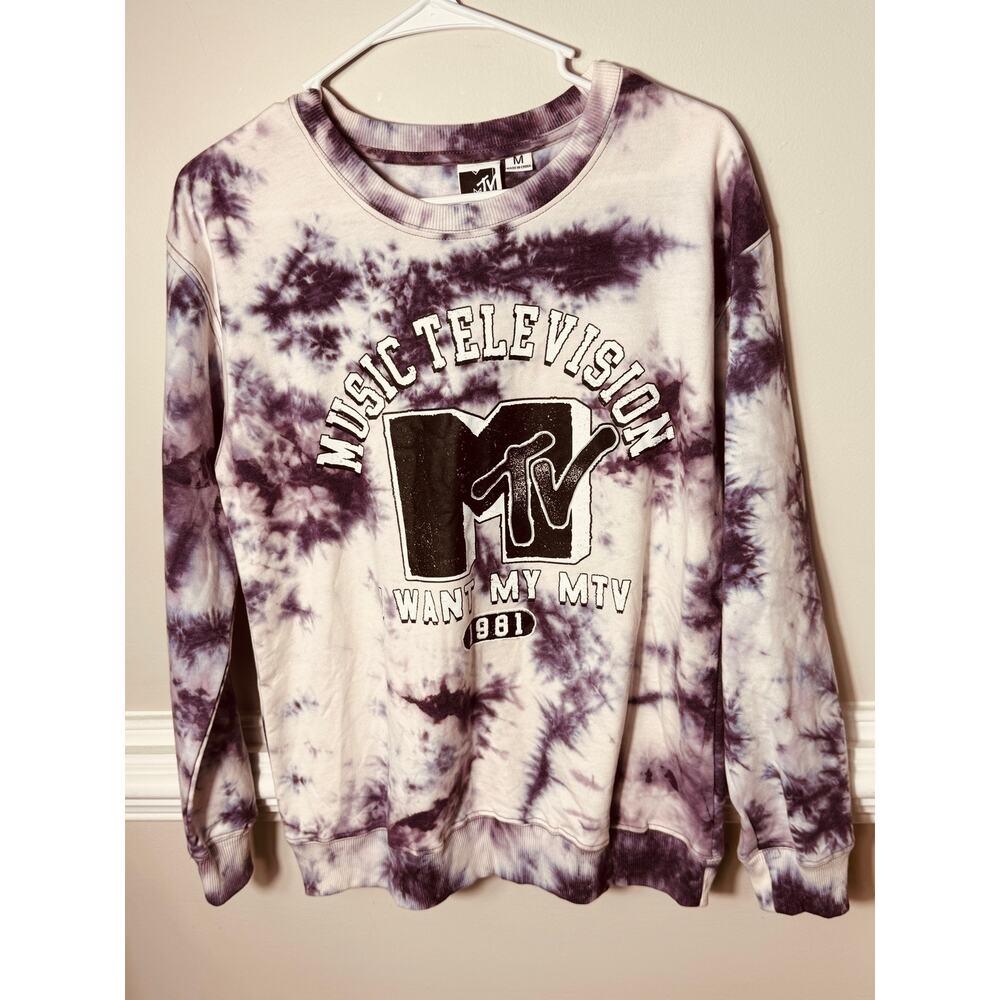 MTV Music Television Tie Dye Sweatshirt Purple White Graphic Crewneck Medium